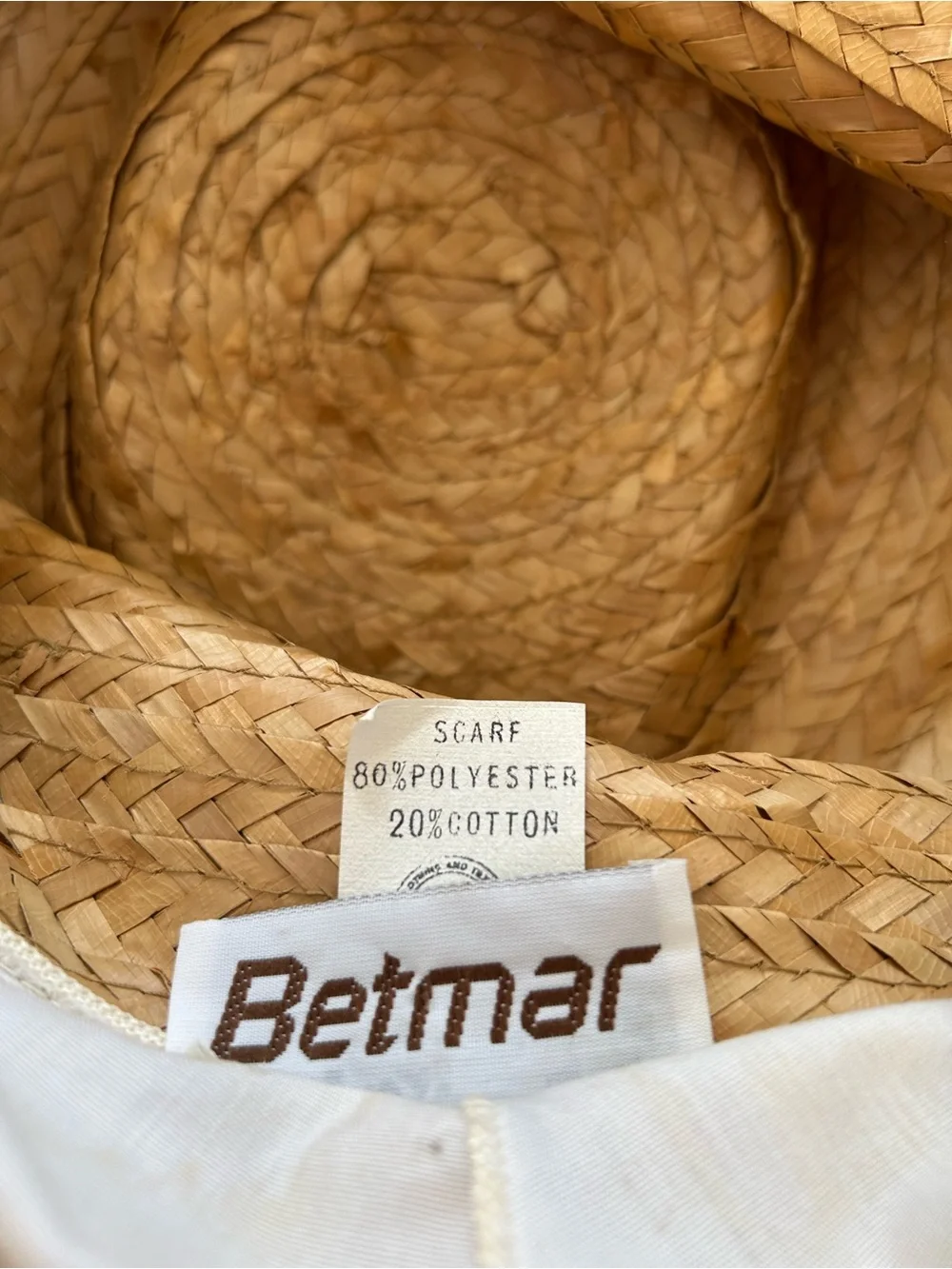 betmar Natural Straw Sun Hat with White Chin Scarf